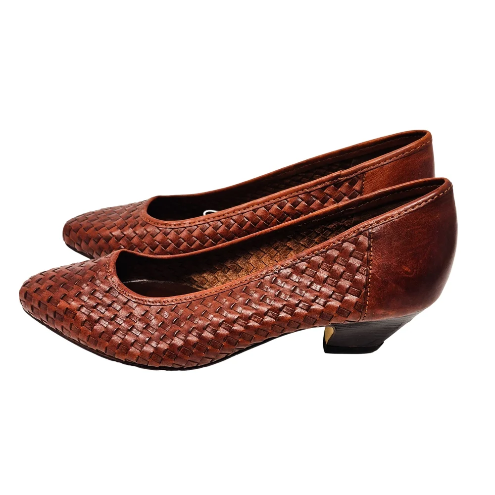 LeatherCraft of Brazil Miranda Woven Leather Pumps Brown Vintage Size 5.5